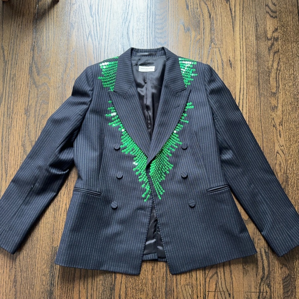 FW17 Dries Van Noten Sequined Pinstripe Double Breasted Blazer